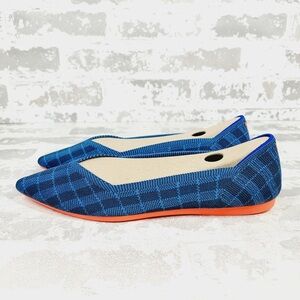 NEW Rothy's The Flat Blue Navy Plaid Knit Pointy Toe Slip On Loafers O323